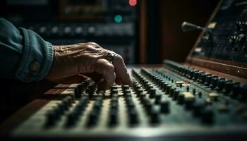 Expert sound engineer adjusting mixer knobs at night generated by AI photo