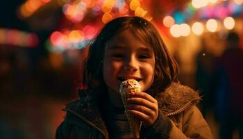 Smiling Caucasian girl enjoys winter chocolate candy gift generated by AI photo