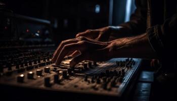 One hand mixing sound on dark turntable generated by AI photo