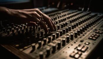 Expert sound engineer adjusting knobs on mixer generated by AI photo