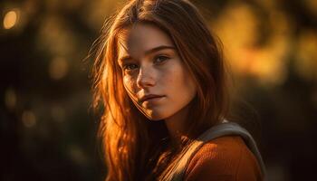 Young woman smiling, looking at camera outdoors generated by AI photo