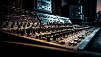 Professional sound engineer adjusts mixer in recording studio generated by AI photo