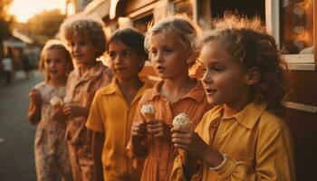 Children enjoying sweet food at sunset outdoors generated by AI photo