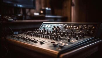 Sound engineer adjusting knobs on mixing desk generated by AI photo