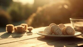 Fresh fruit stack on wooden table outdoors generated by AI photo