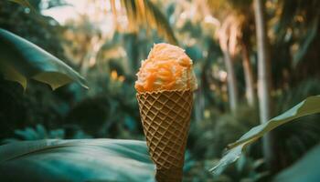Sweet summer indulgence Gourmet ice cream cone generated by AI photo