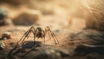 Hairy tarantula crawls on yellow spider web generated by AI photo