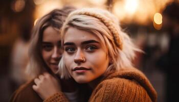 Young women embracing in warm autumn fun generated by AI photo