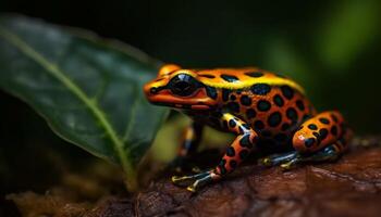 Spotted poison arrow frog sitting on leaf generated by AI photo