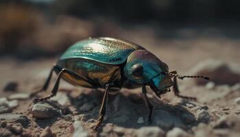 Metallic scarab beetle crawls on green leaf generated by AI photo