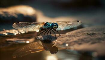 Dragonfly wing shimmers in tranquil pond reflection generated by AI photo