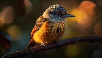 pequeño pájaro encaramado en rama, ver generado por ai foto