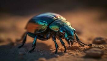 Small scarab beetle crawling on green leaf generated by AI photo