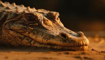 Large alligator dangerous teeth in tropical swamp generated by AI photo
