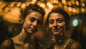 Smiling young adults embrace in beautiful lighting generated by AI photo