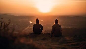 Young couple embracing, enjoying beauty in nature generated by AI photo