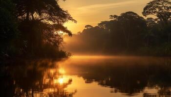 Golden sun sets over tranquil water landscape generated by AI photo