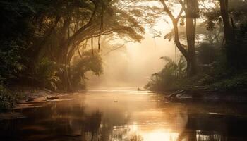 Tranquil scene in tropical rainforest at dusk generated by AI photo