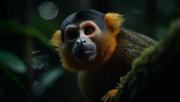 Cute primate in tropical forest, staring at camera generated by AI photo