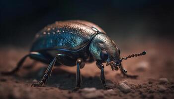 Shiny weevil crawls on green leaf outdoors generated by AI photo