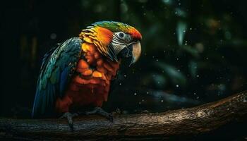 Vibrant macaw perched on branch in rainforest generated by AI photo