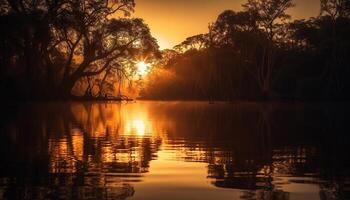 Tranquil sunset reflection on water, nature beauty generated by AI photo