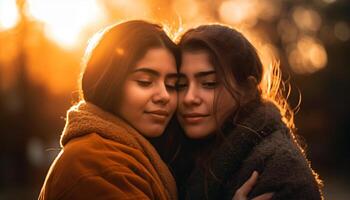 Two young women embracing in warm sunset generated by AI photo