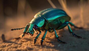 Small scarab beetle crawling on green leaf generated by AI photo