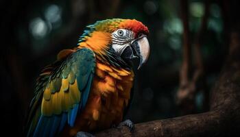 vibrante guacamayo encaramado en rama en selva generado por ai foto