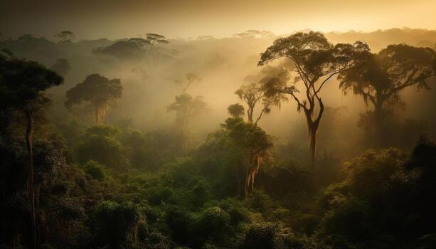 Mystery in the forest at dawn first light generated by AI photo