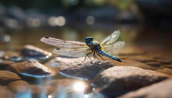 Dragonfly resting on wet leaf in sunlight generated by AI photo