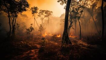 Burning forest with smoke mystery generated by AI photo