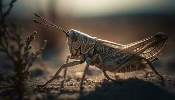 Spooky locust sitting on leaf, selective focus generated by AI photo