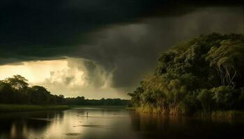 Tranquil sunset over forest, water reflects beauty generated by AI photo