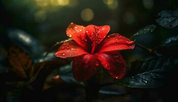 Vibrant hibiscus blossom, wet with raindrop dew generated by AI photo