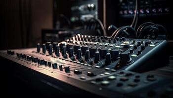 Sound engineer adjusting knobs on recording studio desk generated by AI photo