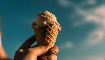 Hand holding ice cream cone, summer indulgence generated by AI photo