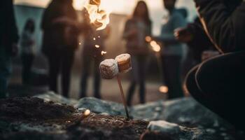 Young adults holding marshmallows enjoy campfire fun generated by AI photo