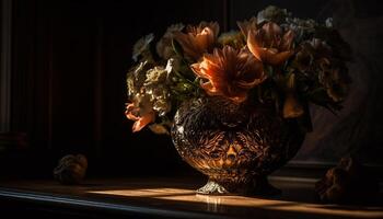 elegante ramo de flores de flores en rústico florero generado por ai foto