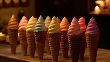 Indulgent ice cream cones in a row generated by AI photo