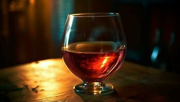 lujo whisky bar, bebidas en madera mesa generado por ai foto