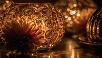 Elegant celebration wineglass, candle, flower, and reflection generated by AI photo