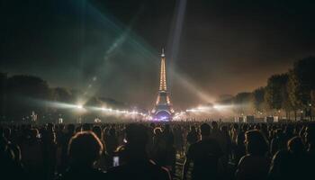 Crowded cityscape illuminated by blue lighting equipment generated by AI photo