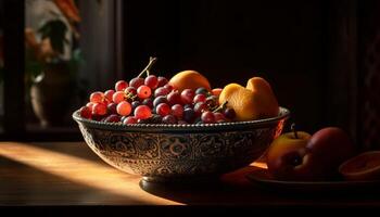 Fresh fruit bowl on rustic wooden table generated by AI photo