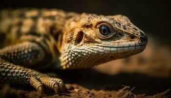 Yellow lizard crawls on branch in forest generated by AI photo