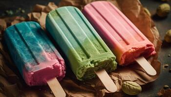 popsicle sticks hold fruity frozen treats generated by AI photo