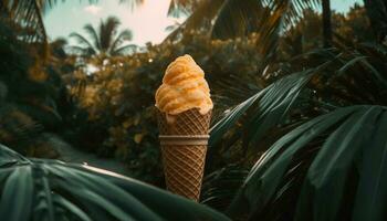 Refreshing ice cream cone enjoyed in tropical paradise generated by AI photo