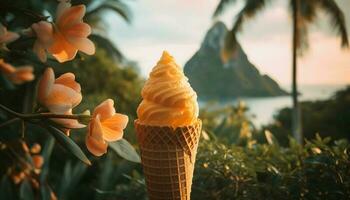 Sweet summer treat Ice cream cone delight generated by AI photo
