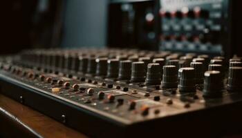 Sound engineer adjusting mixer knobs in recording studio generated by AI photo