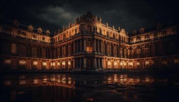 majestuoso arquitectura iluminado a oscuridad, reflejando historia paisaje urbano generado por ai foto